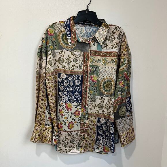 Zara Patchwork Floral Print Button Down Blouse Boho Retro Mix Size Large - Picture 2 of 8